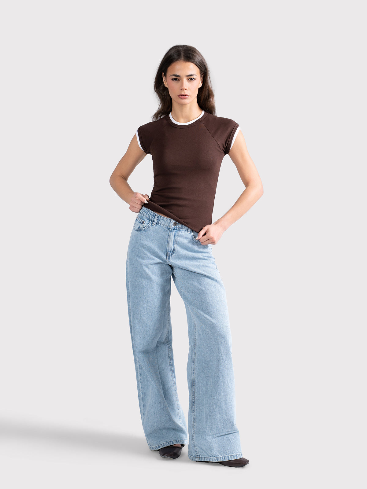 TWO TONE CAP SLEEVE TEE BROWN