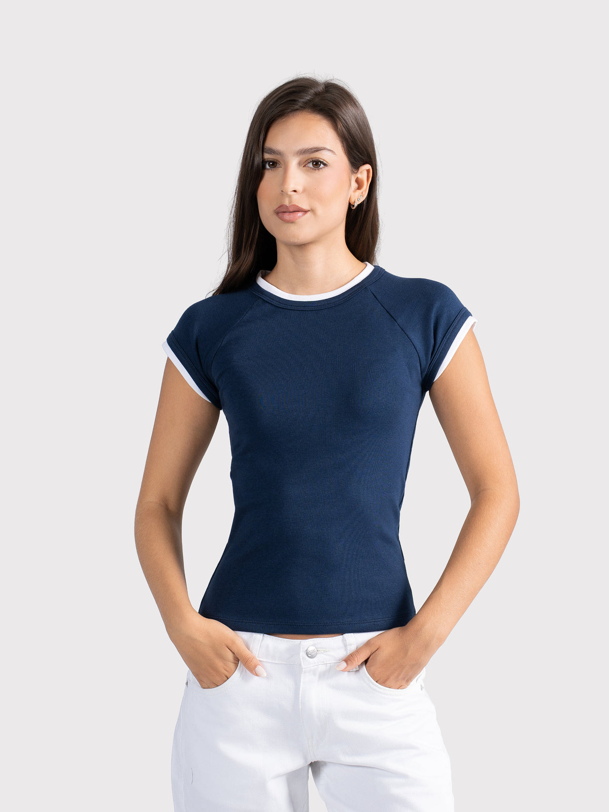 TWO TONE CAP SLEEVE TEE NAVY