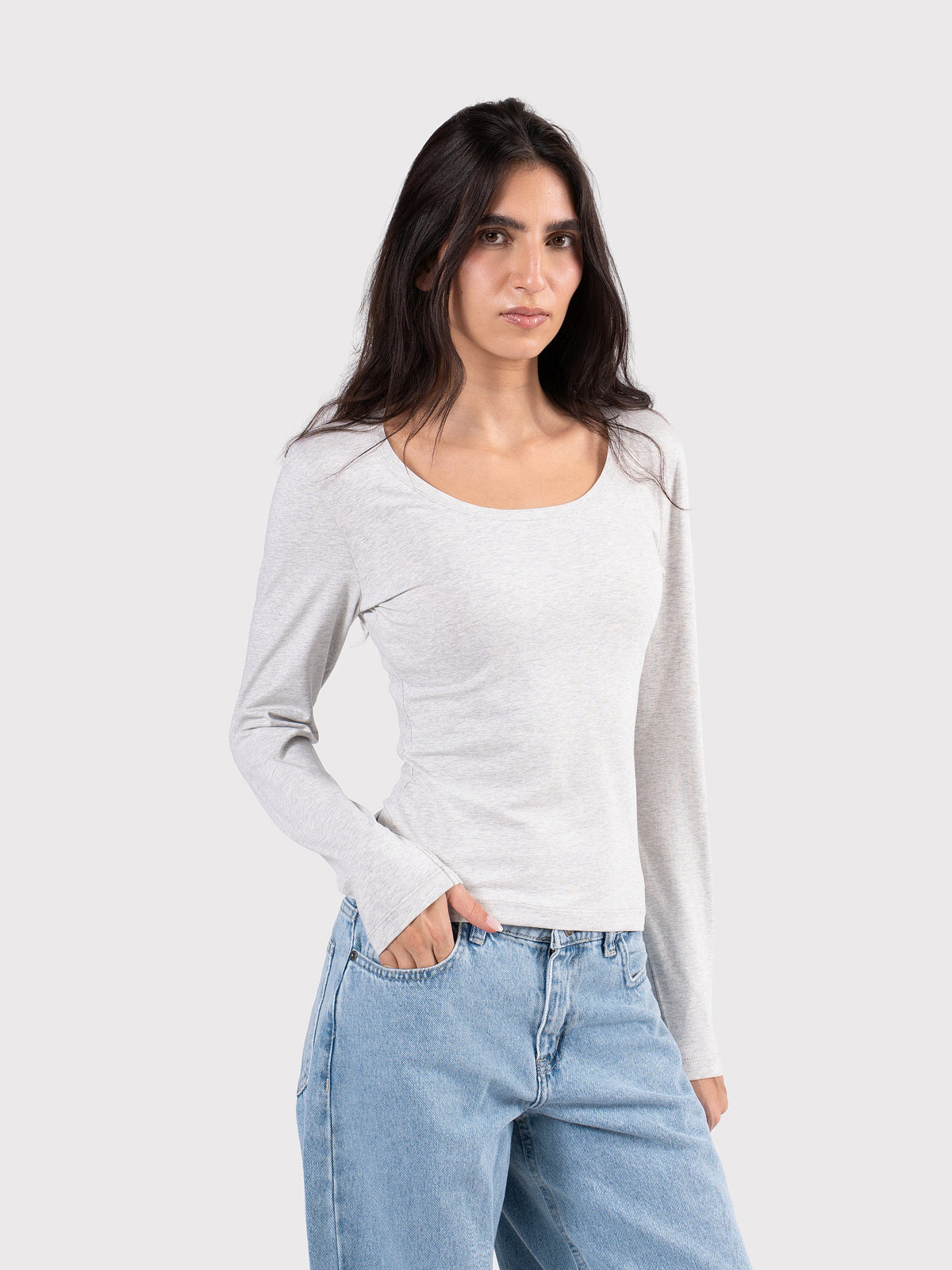 U-SHAPED LONG SLEEVE TOP CLOUD-GREY