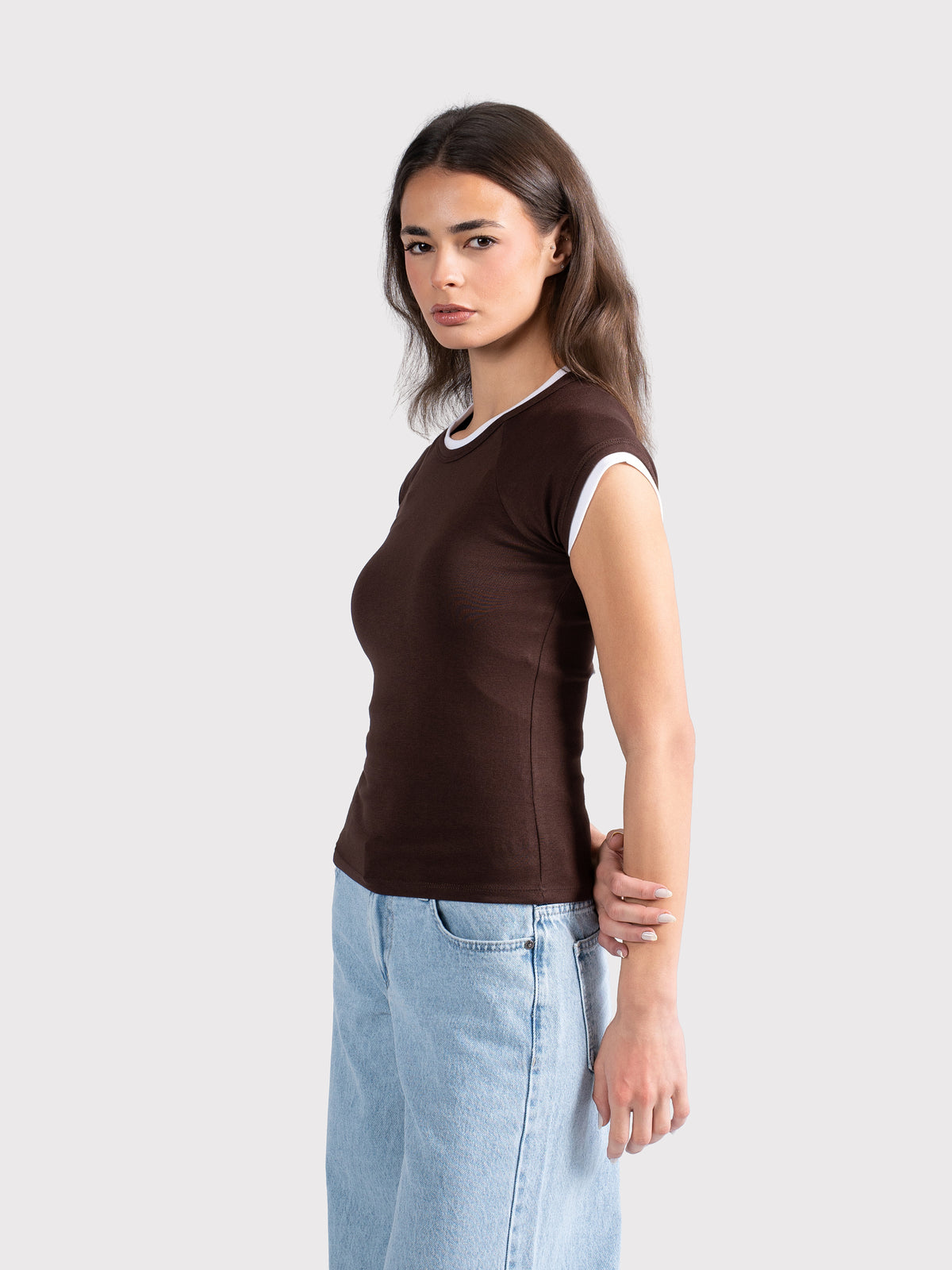 TWO TONE CAP SLEEVE TEE BROWN