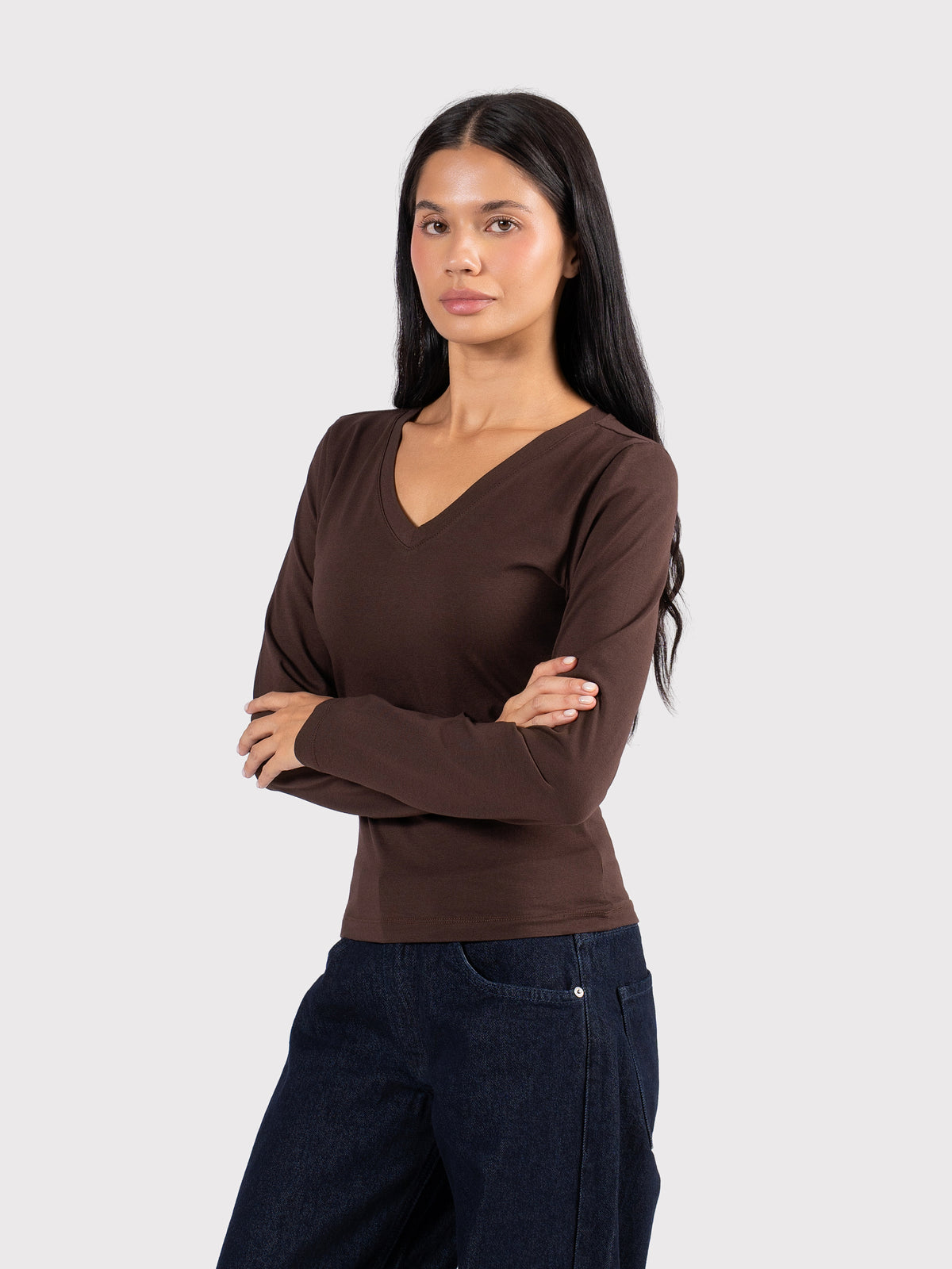 V-NECK LONG SLEEVE TOP BROWN