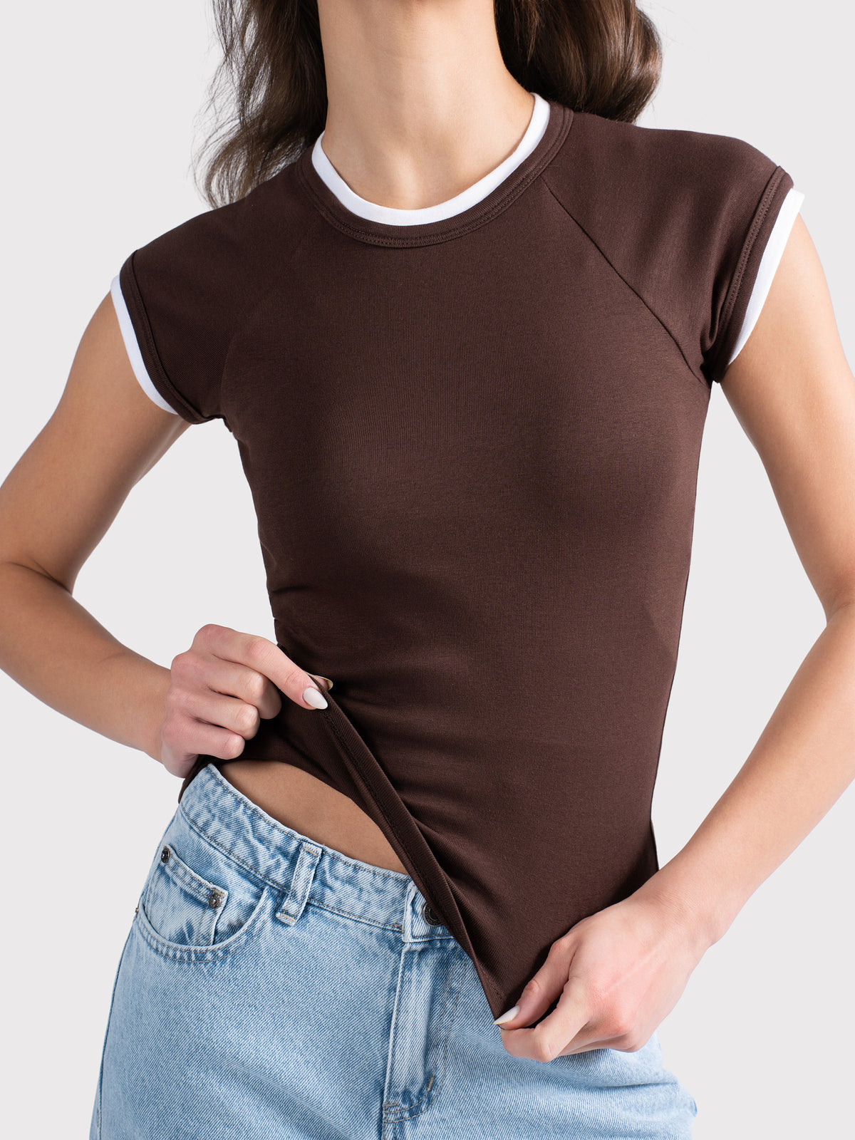 TWO TONE CAP SLEEVE TEE BROWN