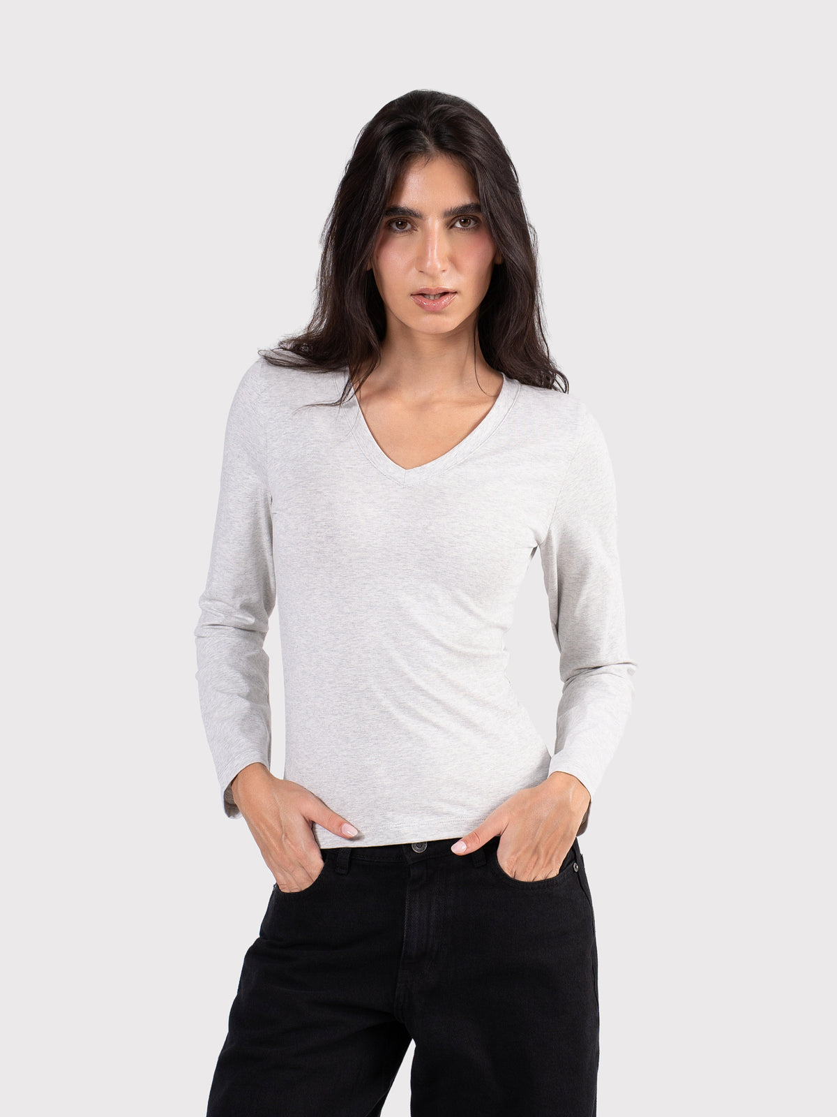 V-NECK LONG SLEEVE TOP CLOUD-GREY