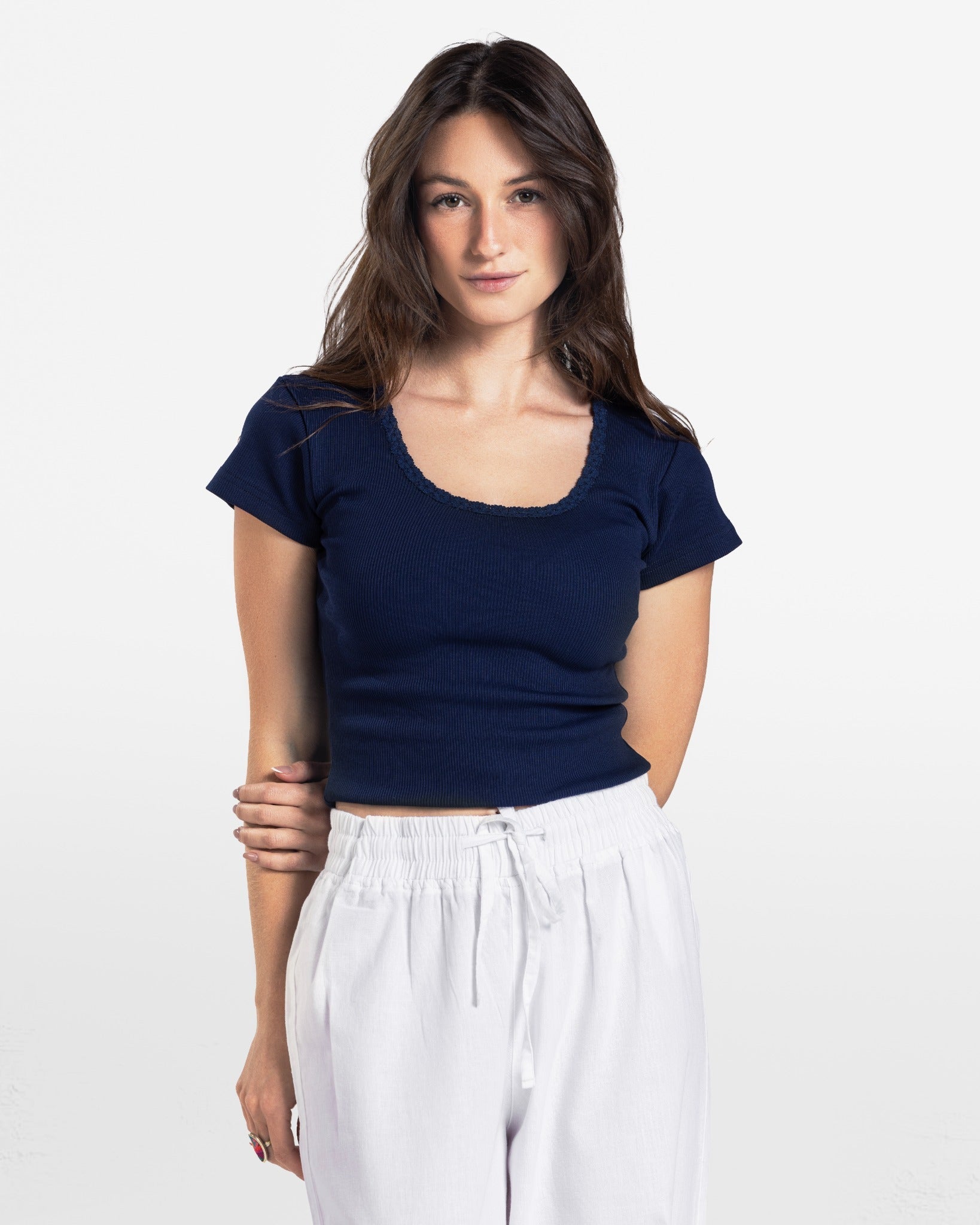 LACE RIBBED SHORT SLEEVE TOP