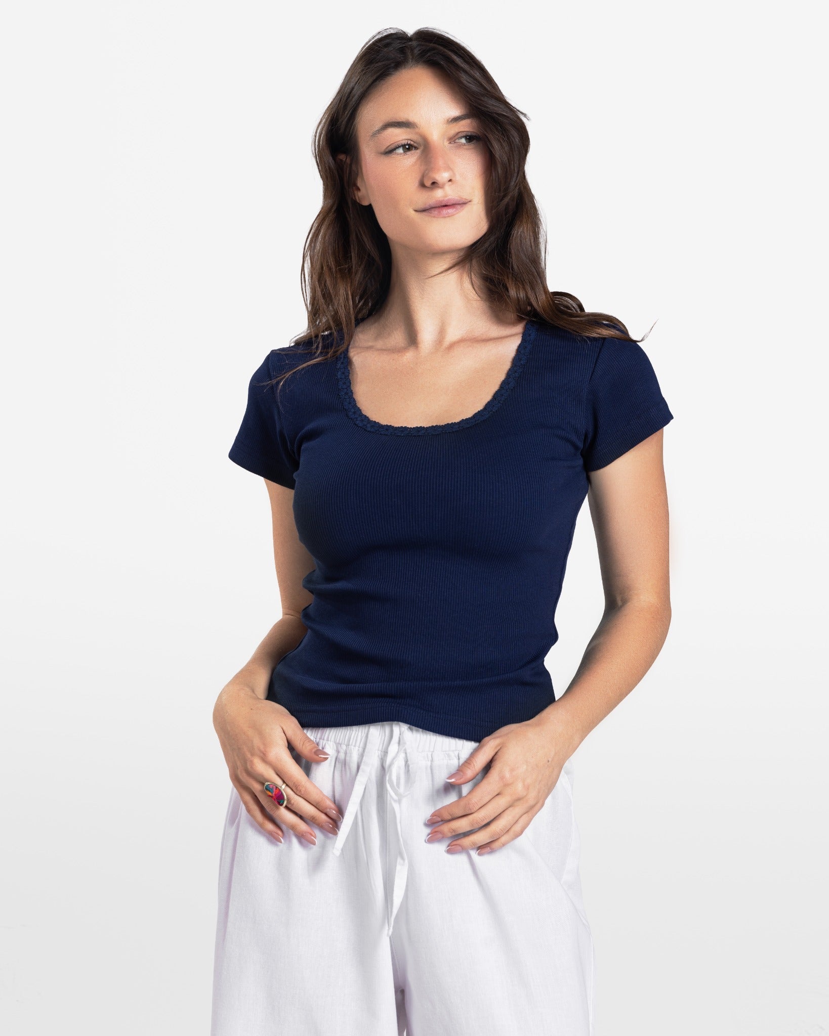 LACE RIBBED SHORT SLEEVE TOP