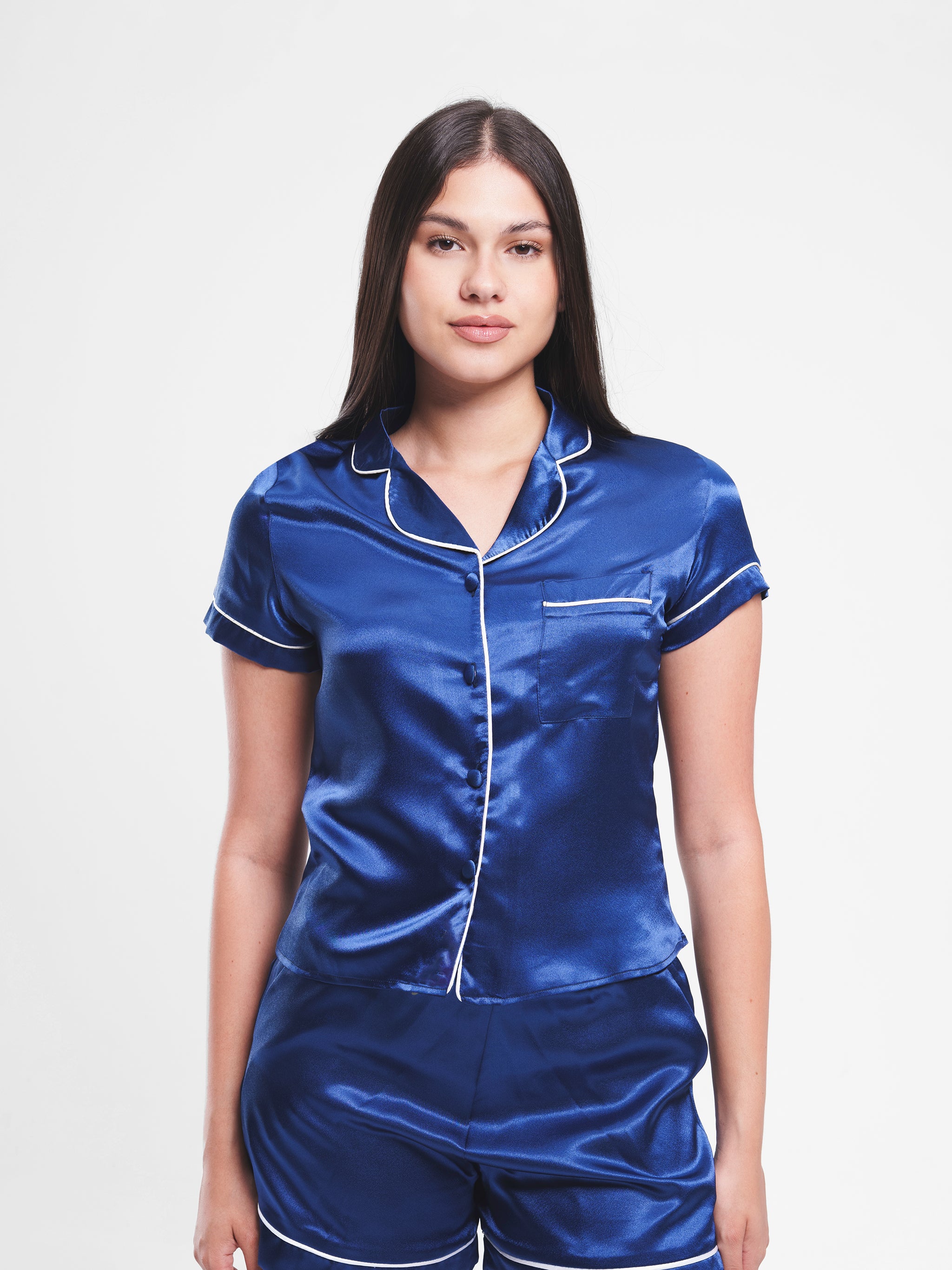 NAVY SATIN BUTTON UP PIPED SET