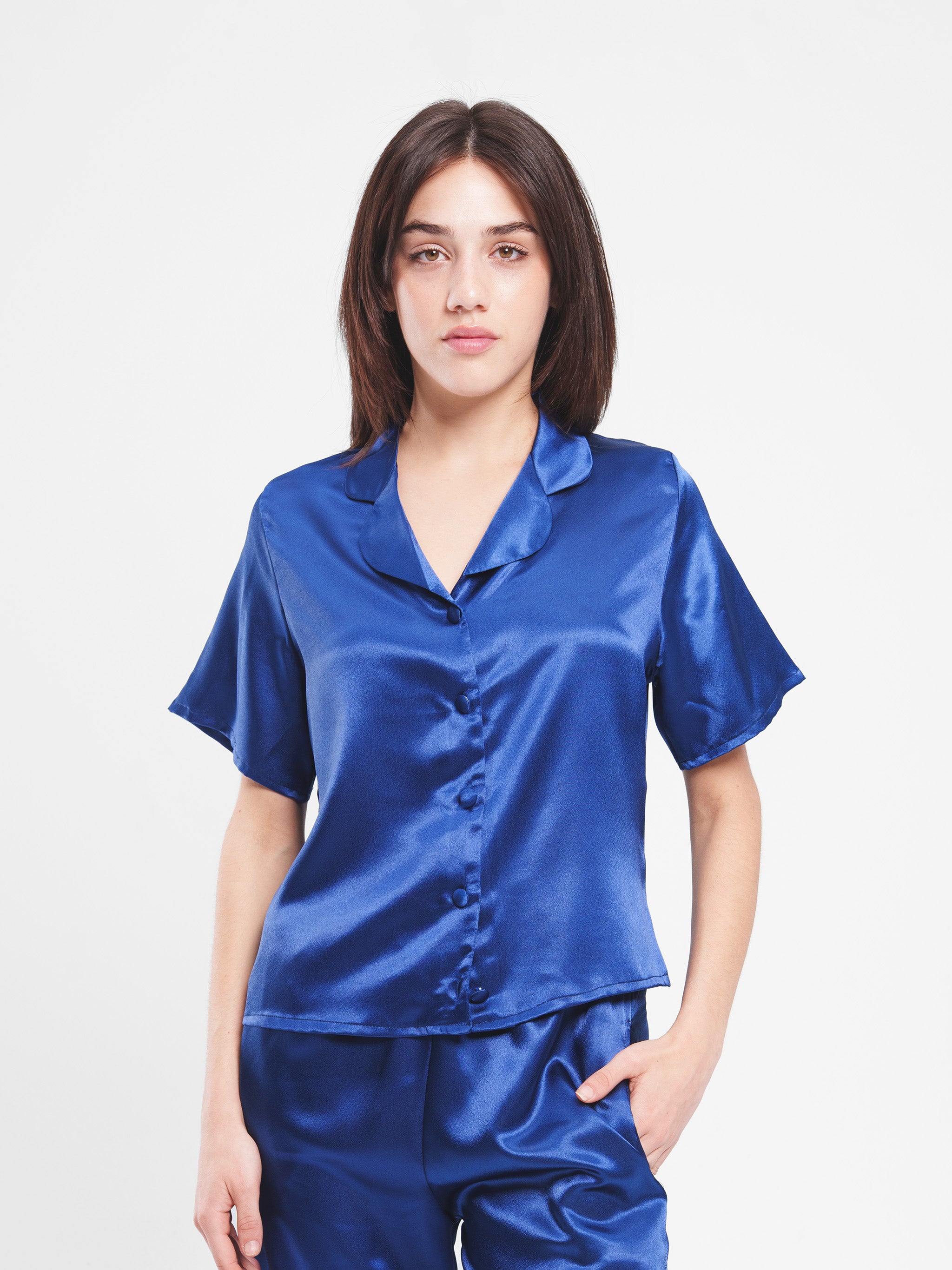 NAVY SATIN BUTTON UP SET