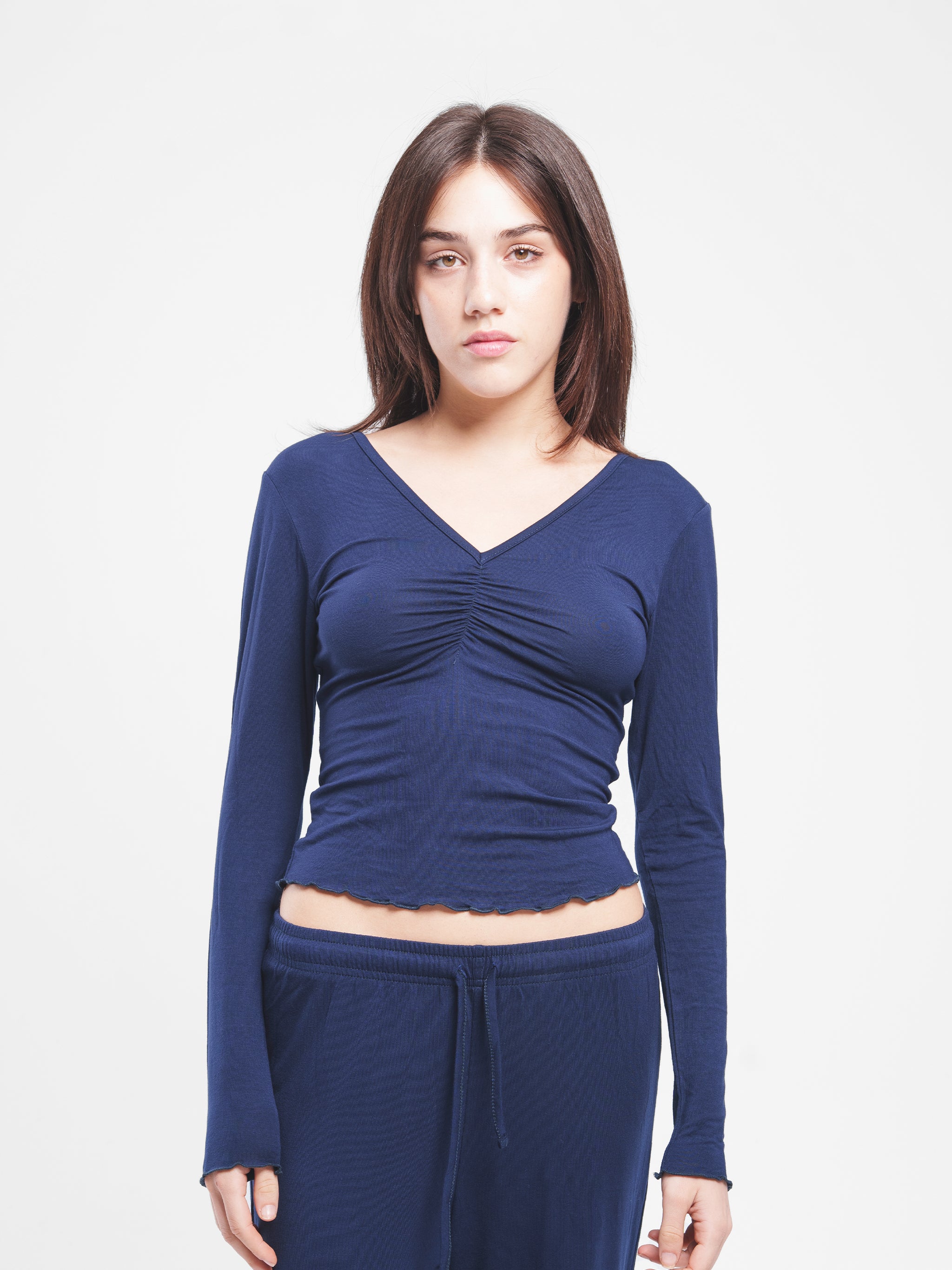 NAVY RUCHED LONG SLEEVE SET