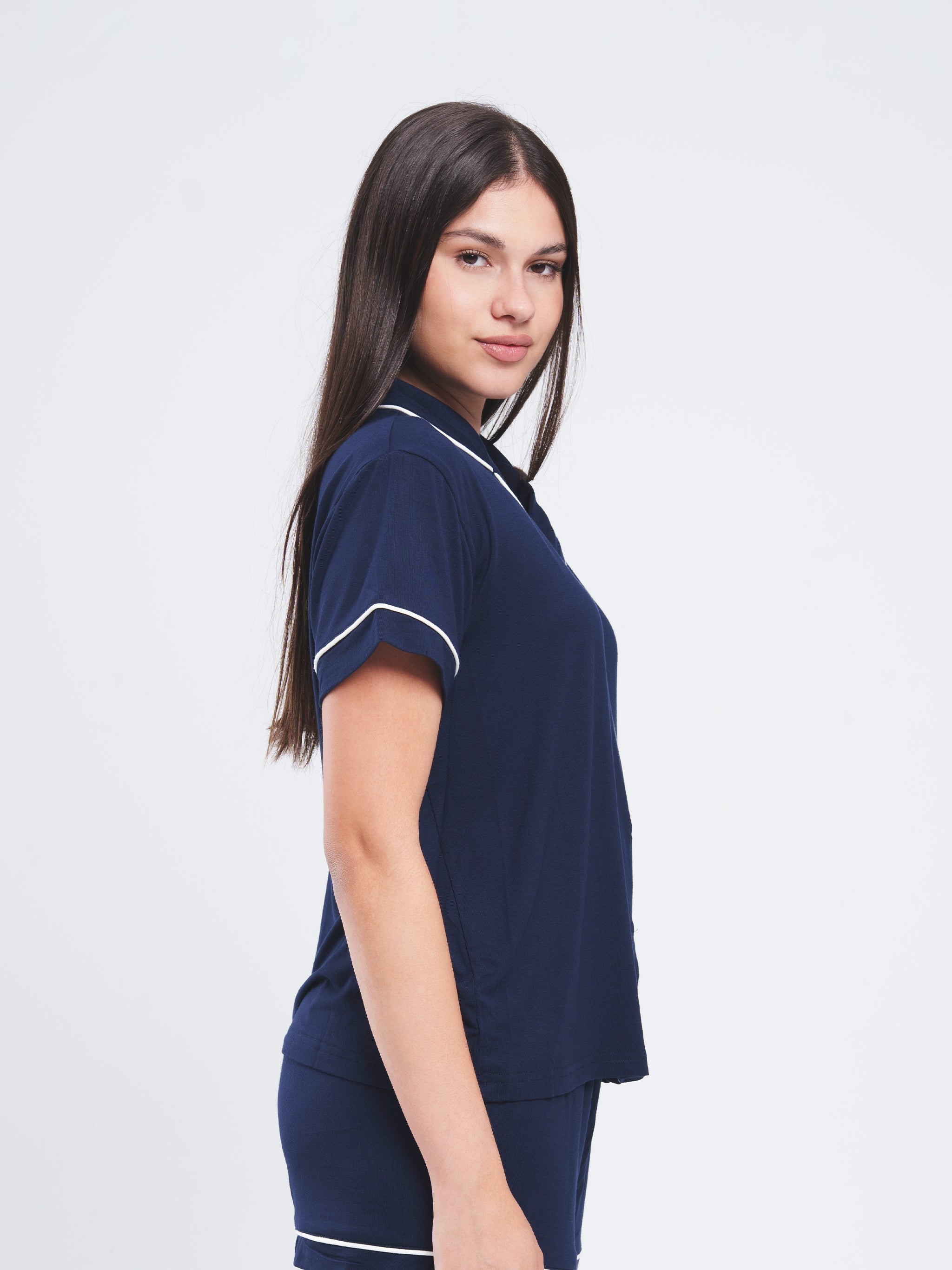 NAVY COTTON BUTTON UP PIPED SET