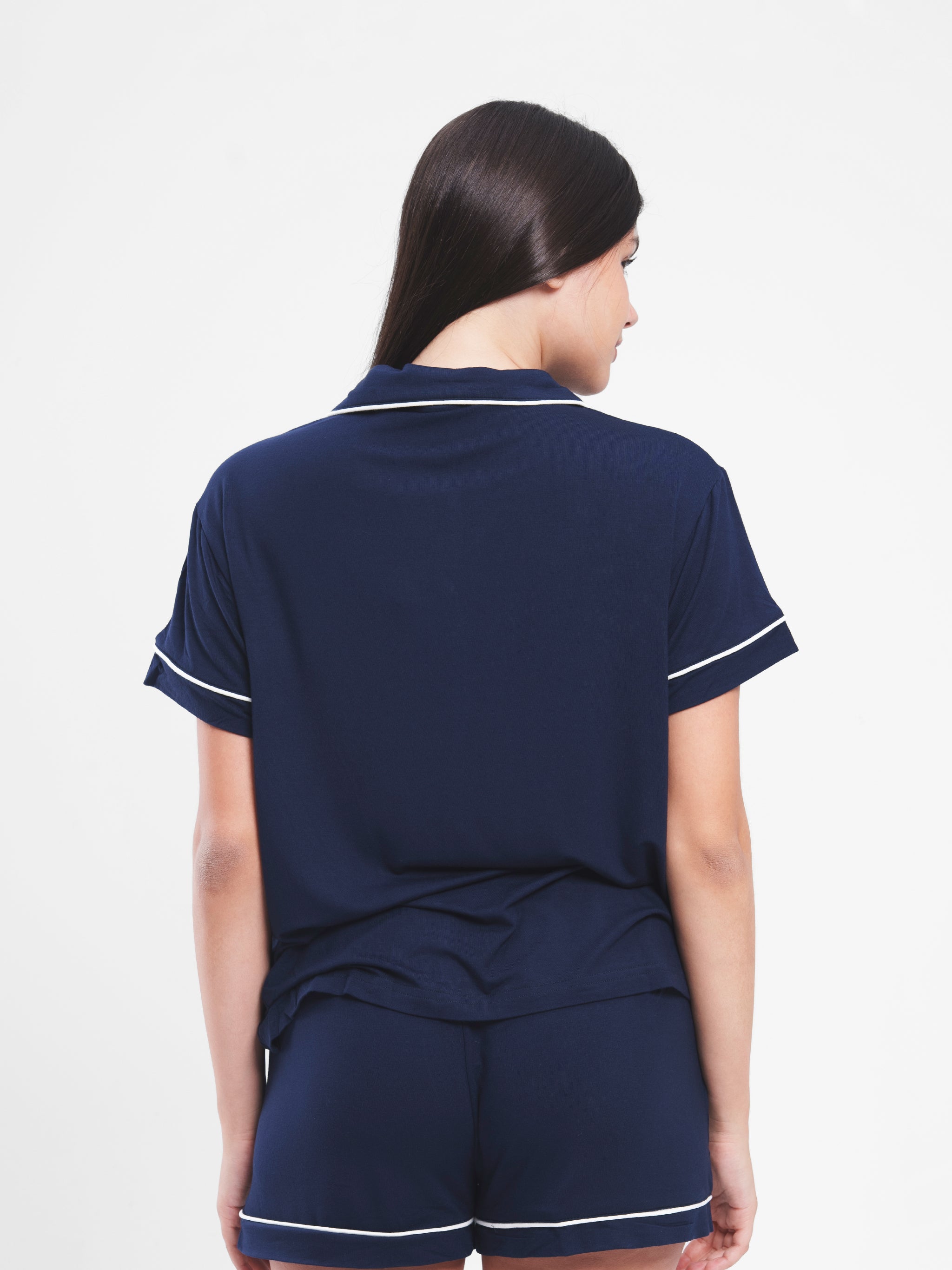NAVY COTTON BUTTON UP PIPED SET