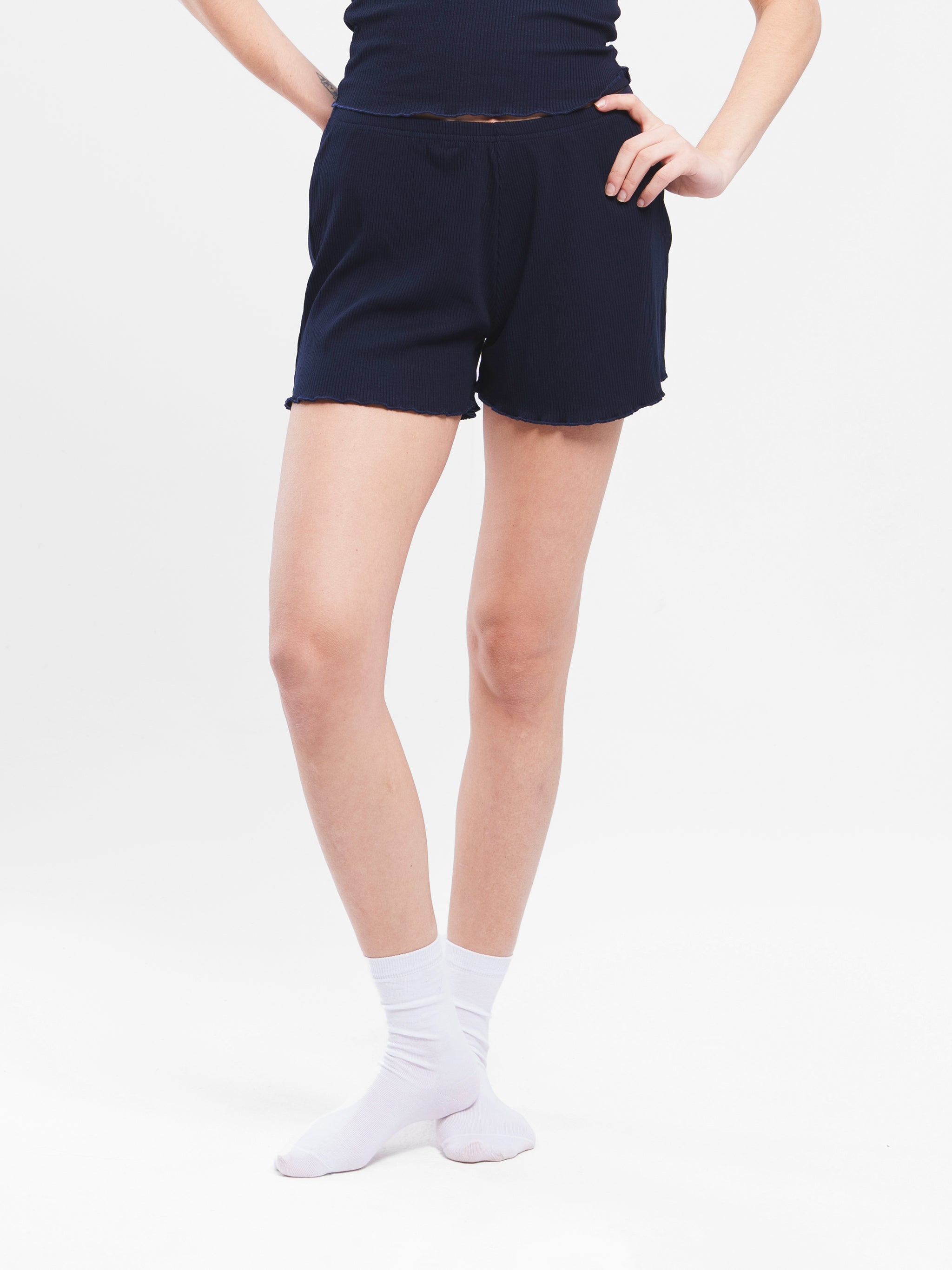 NAVY RIBBED LACE BUTTON UP SET
