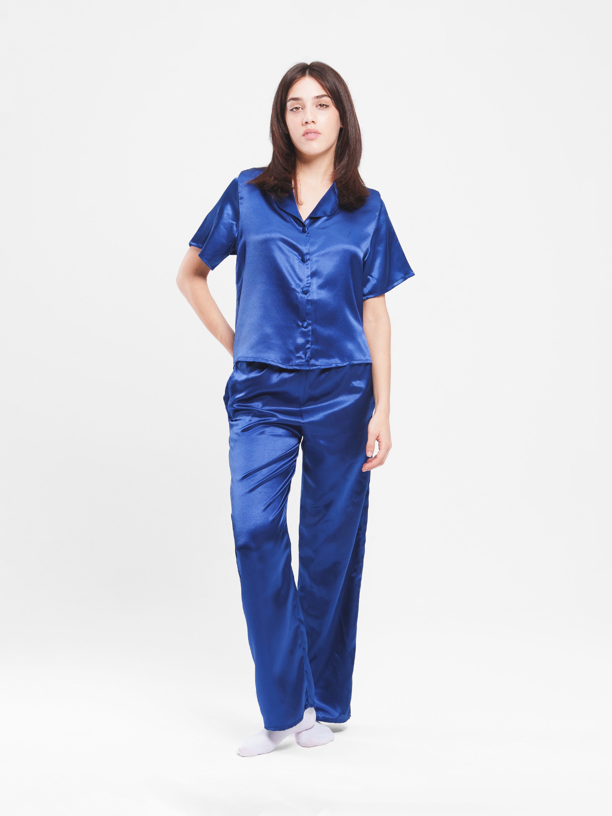 NAVY SATIN BUTTON UP SET