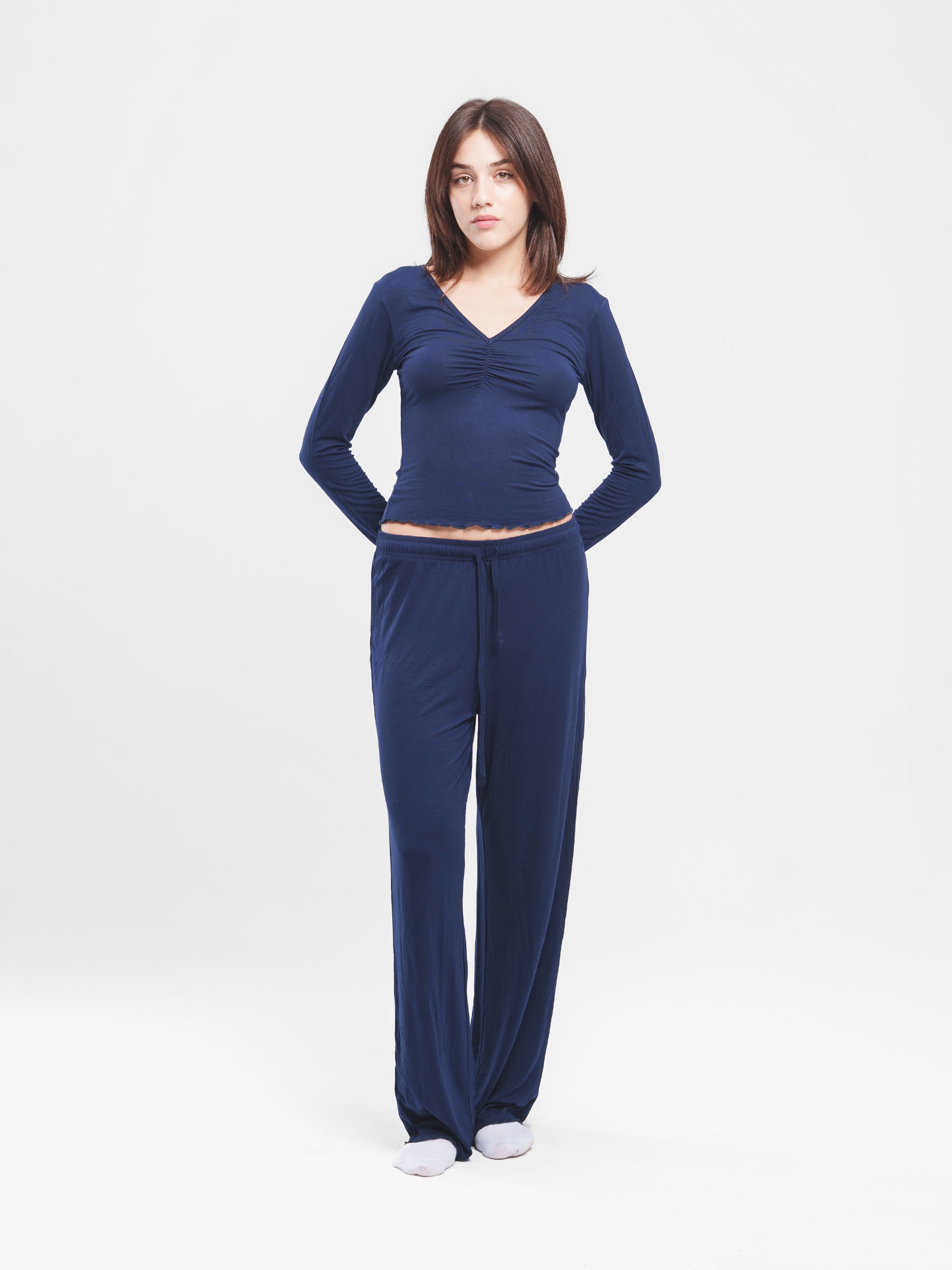 NAVY RUCHED LONG SLEEVE SET