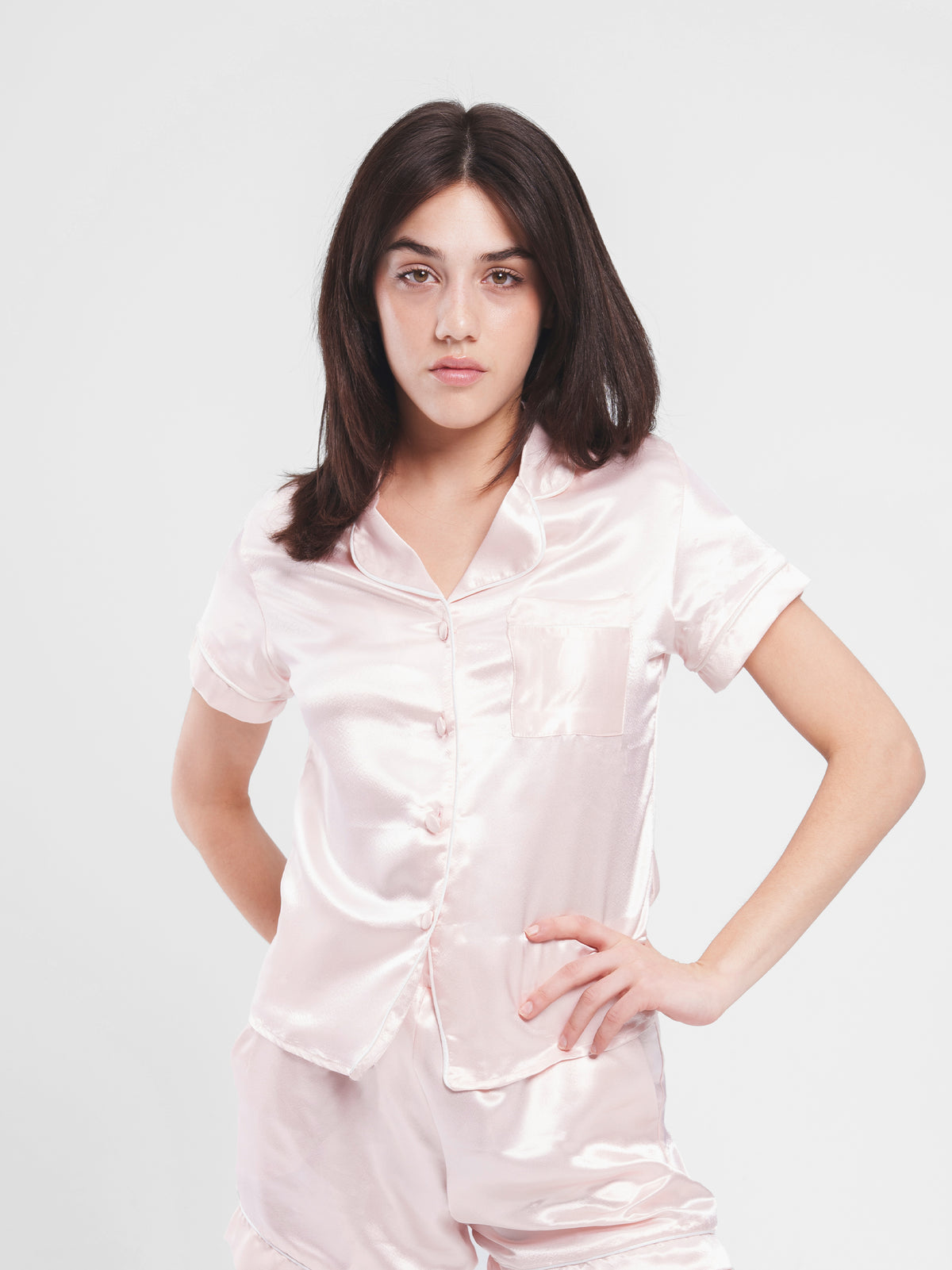SATIN BUTTON UP PIPED SET