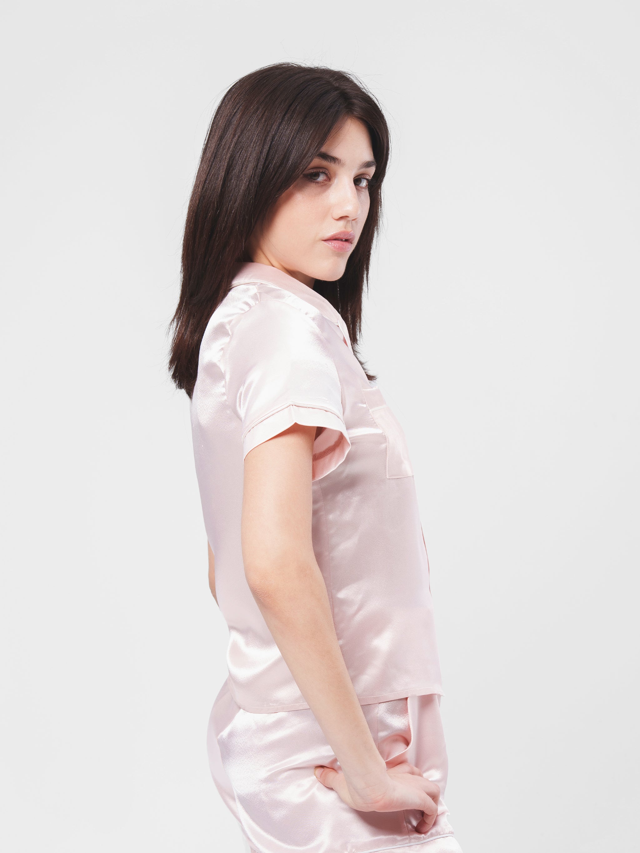BABY PINK SATIN BUTTON UP PIPED SET