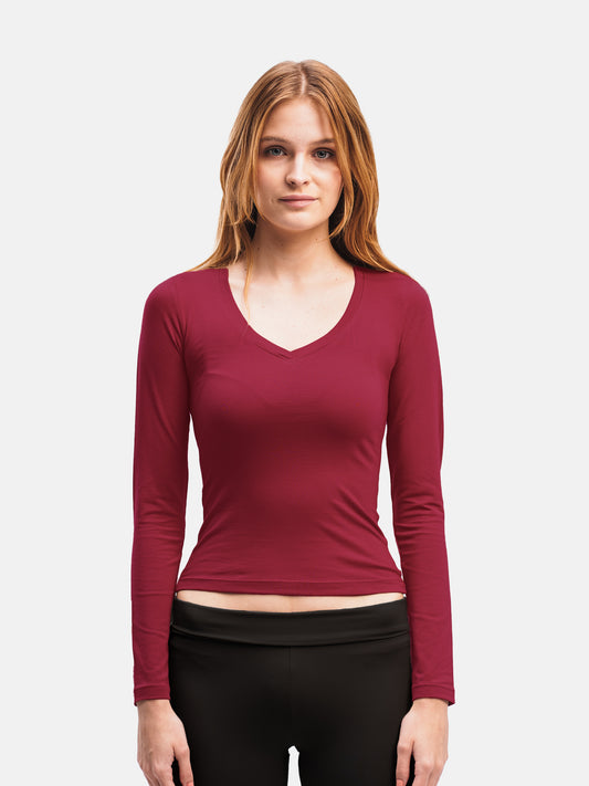 BURGUNDY V-NECK LONG SLEEVE TOP