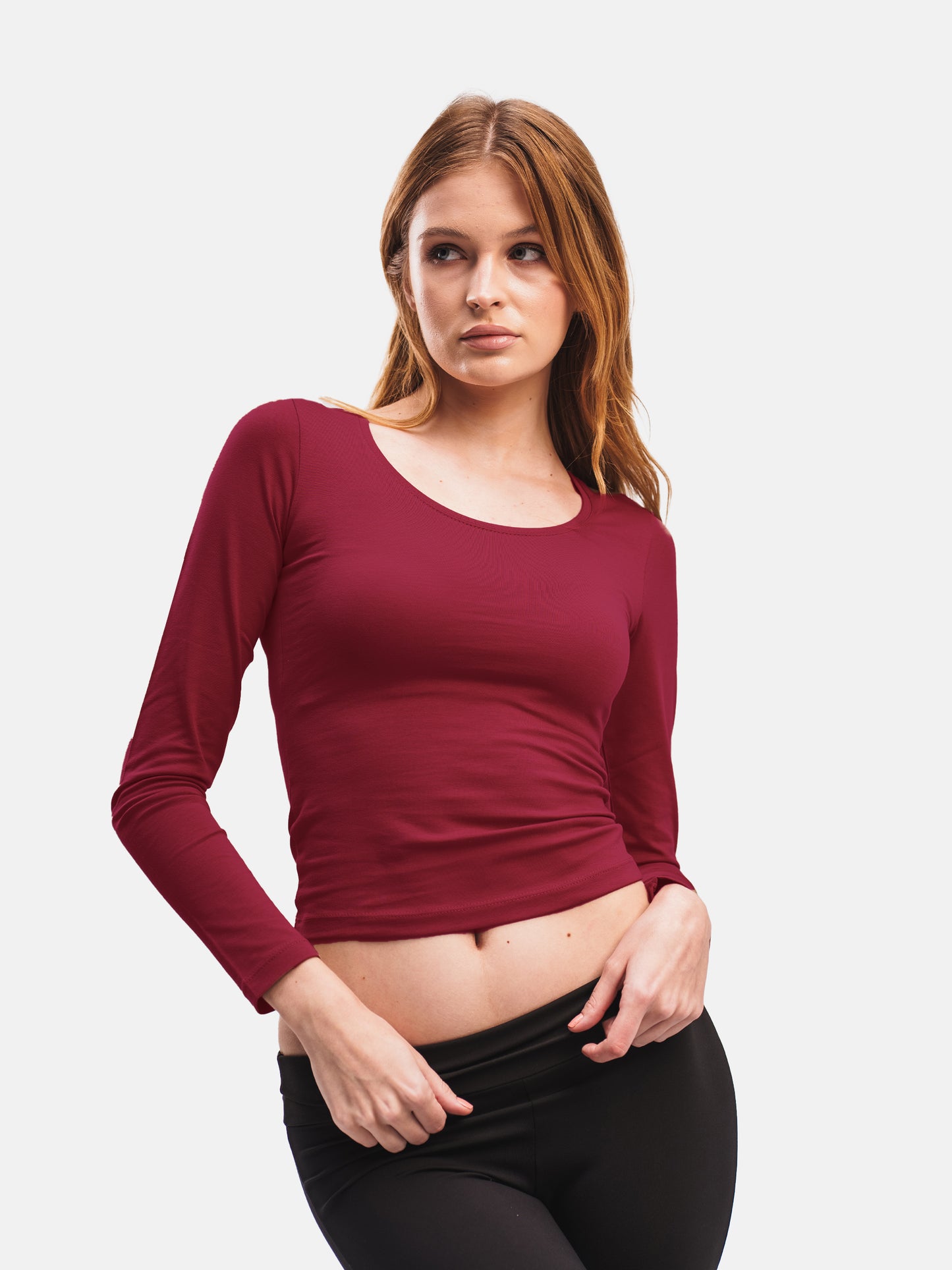 BURGUNDY U-SHAPED LONG SLEEVE TOP