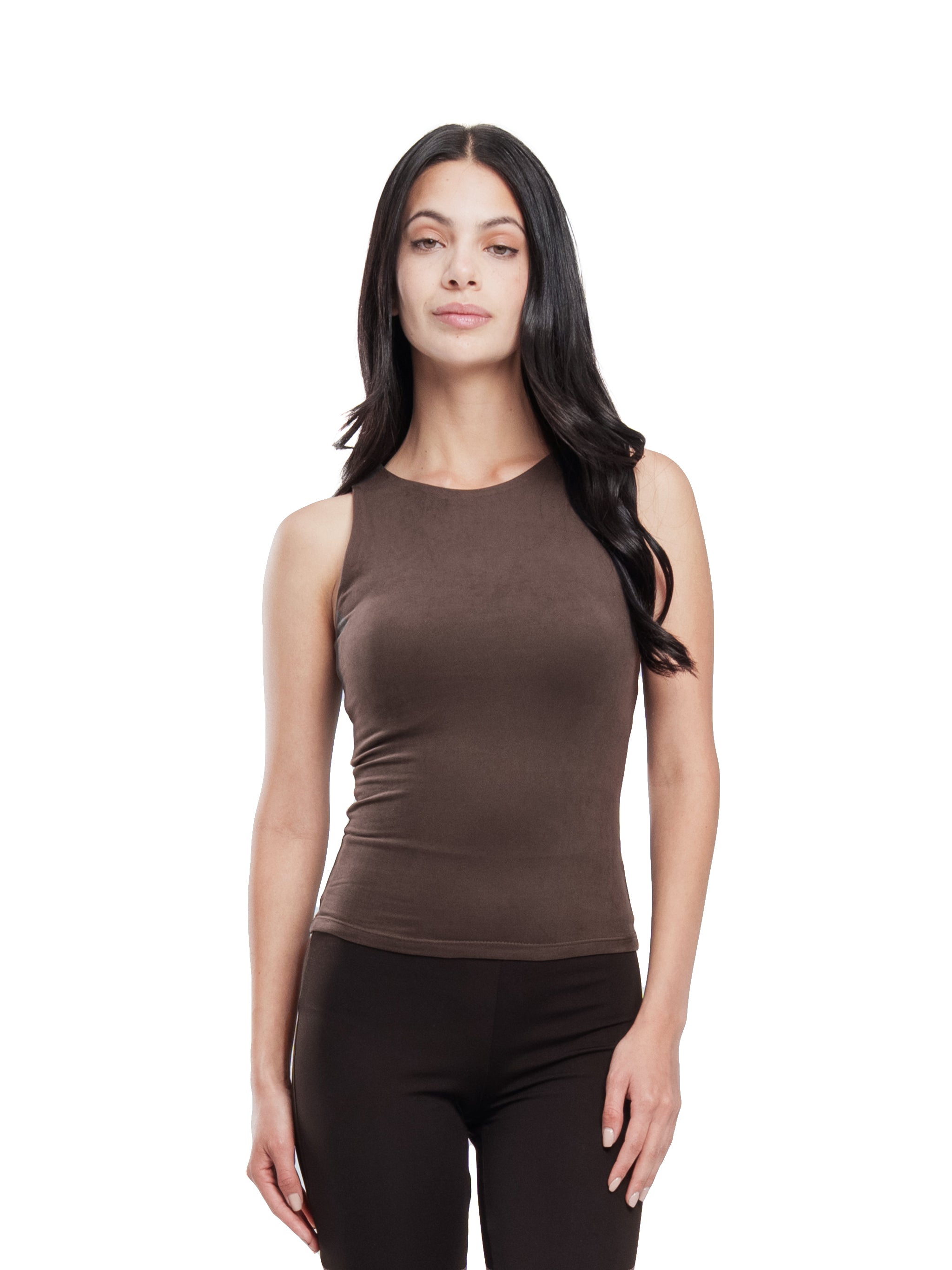 BROWN MICROFIBER CREWNECK TANK TOP