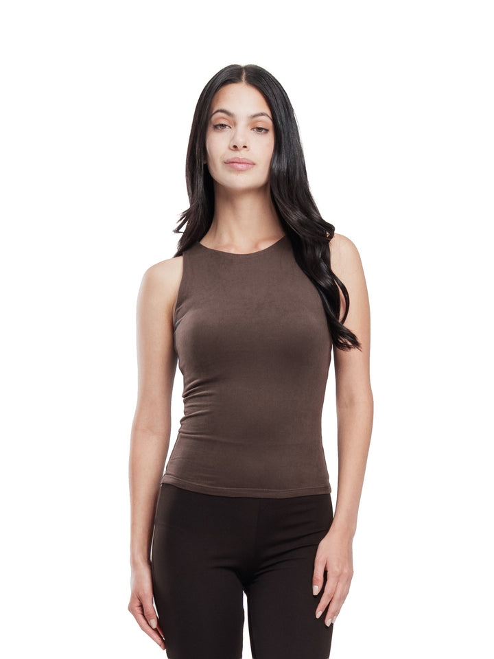 BROWN MICROFIBER CREWNECK TANK TOP